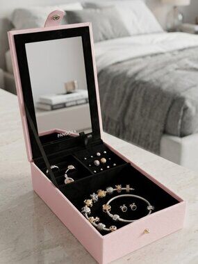 Authentic Pink Pandora Jewelry Box Saffiano Leather Travel Case Mirror Velvet